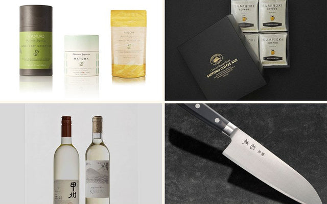 Japanese corporate gift ideas from four brands: green tea gift set, Sumiyaki pour-over coffee gift box, Koshu wine set and a handmade Santoku knife
