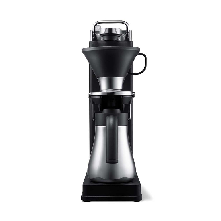 Black and silver coffee maker on a white background