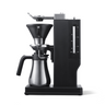 Black and silver coffee brewing device on a white background