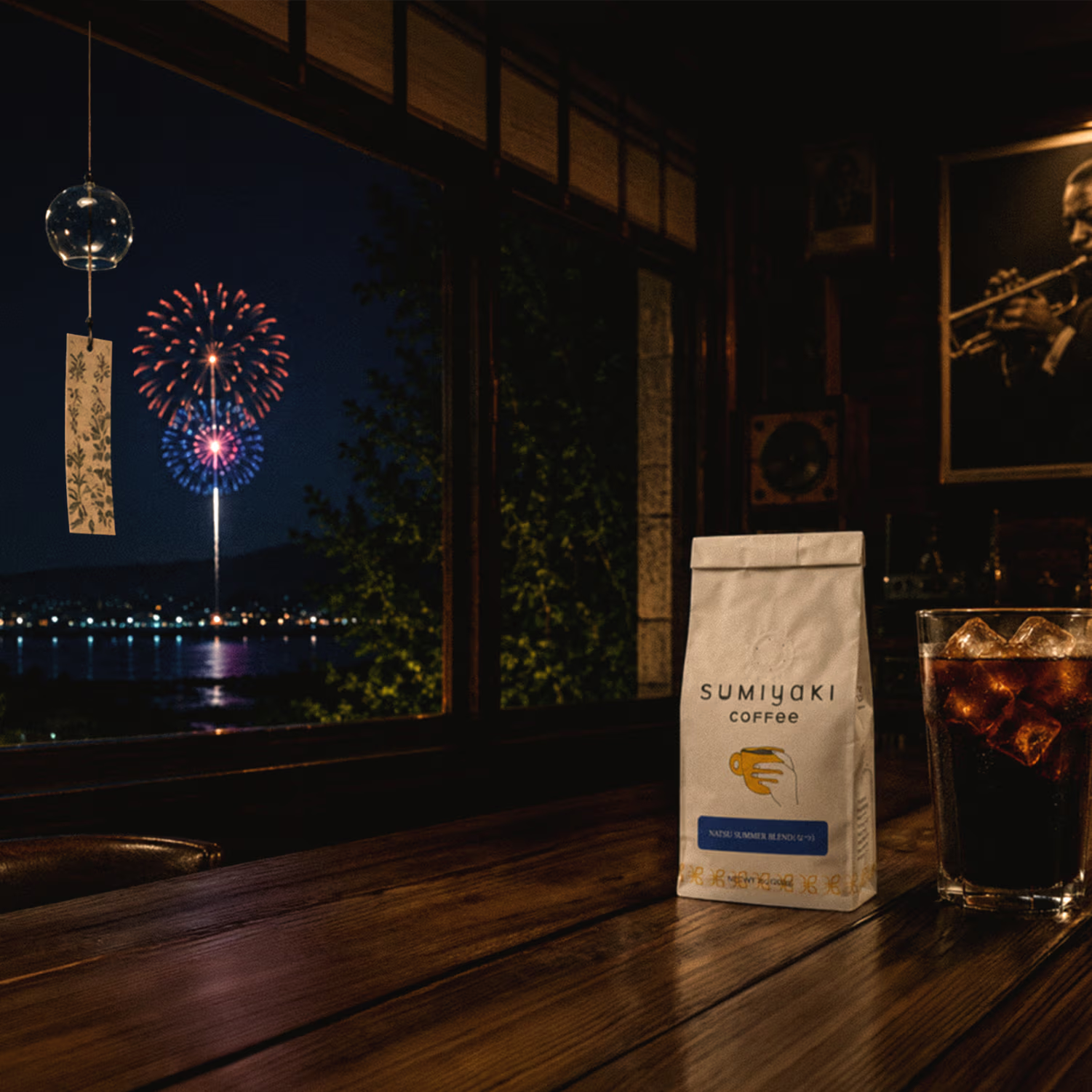 A bag of Sumiyaki Coffee sits on a dark wooden counter next to a glass of iced coffee, with a window showing a nighttime fireworks scene over water in the background.